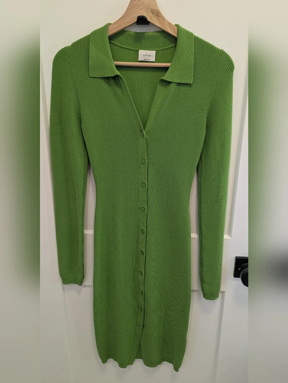 Wilfred Cove Dress Ribbed Button Front Knit Green Aritzia Bodycon - Picture 3 of 8